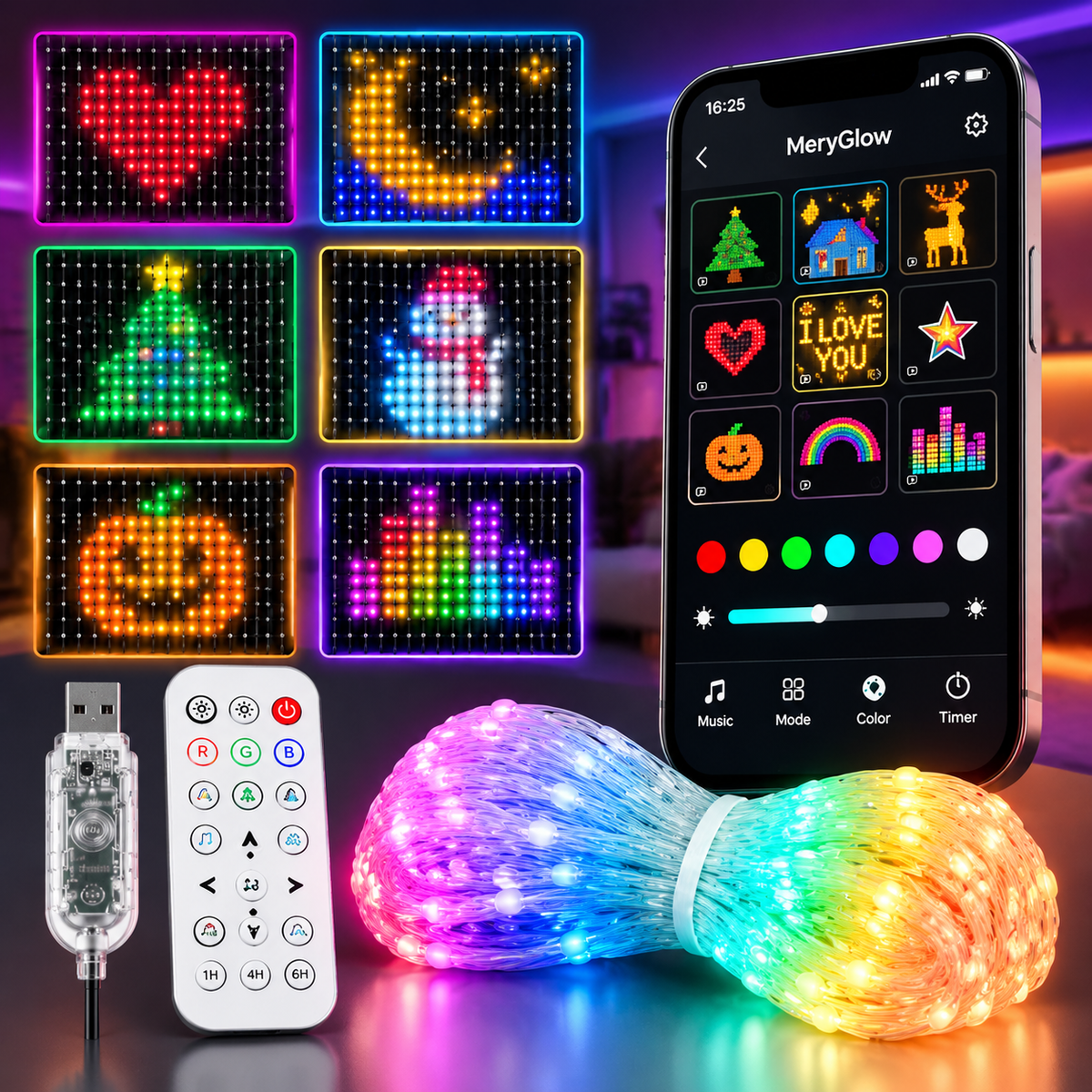LumaGlow™ | Kurtyna świateczna RGB LED z Aplikacją