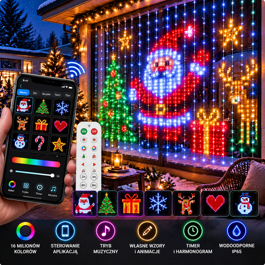 LumaGlow™ | Kurtyna świateczna RGB LED z Aplikacją